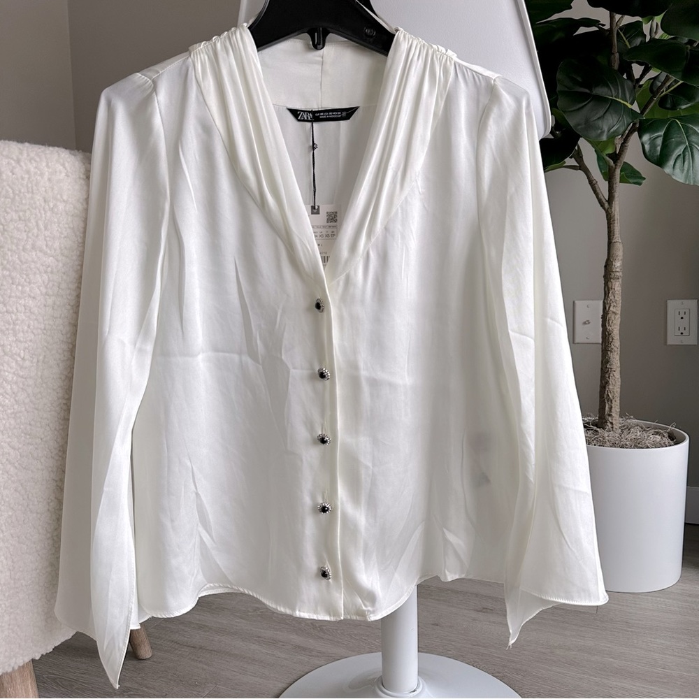 NWT Zara Satin Top with Embellished Buttons